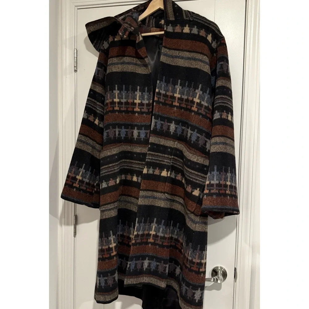 Vintage Luba Wool Coat Hood Size XL Union Made Aztec Heavy Navajo Missing Belt